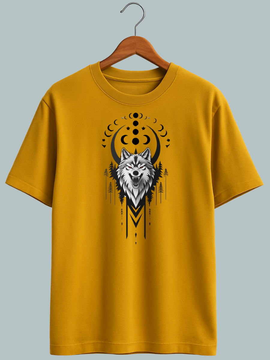 "Streetwear-style oversized tee with powerful ‘Alpha Wolf’ text and fierce wolf illustration."