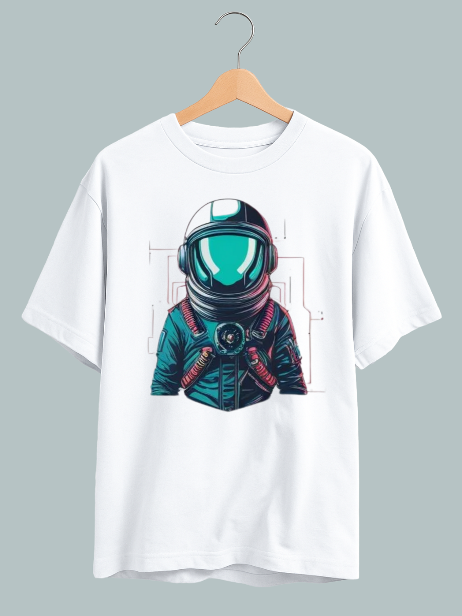 "Streetwear oversized T-shirt with astronaut floating in zero gravity, space-themed design."