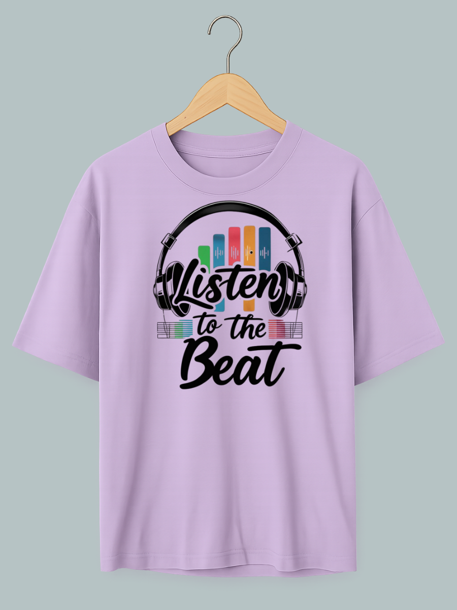 Oversized T-shirt with ‘Listen to the Beat’ text and music-themed graphic design.