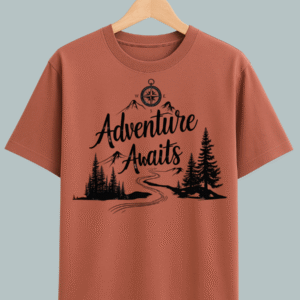 "T-shirt design featuring ‘Adventure Awaits’ text with mountain, forest, and sun illustrations — ideal for travel lovers."