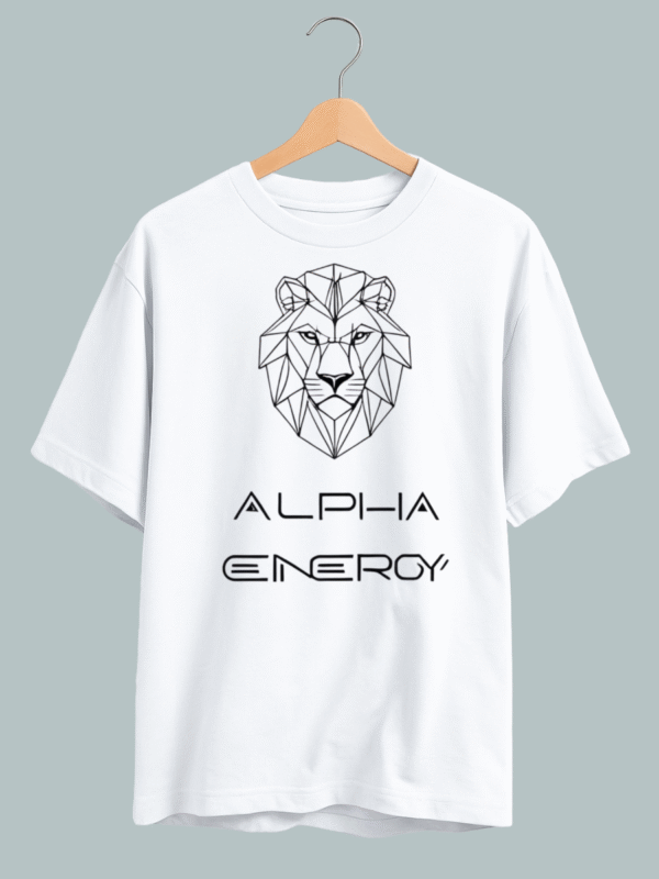"Men’s oversized streetwear tee featuring graphic text ‘Alpha Energy’ — ideal for confident, bold style."