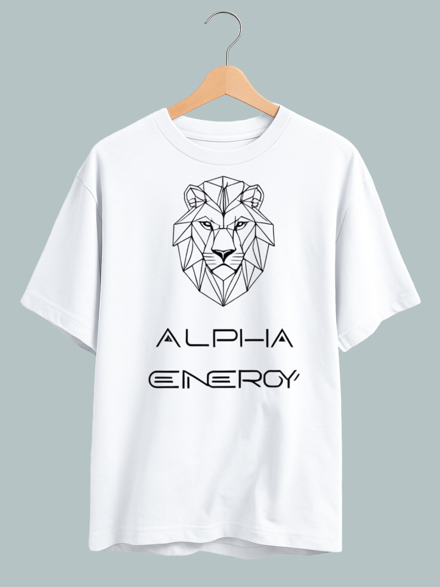 "Men’s oversized streetwear tee featuring graphic text ‘Alpha Energy’ — ideal for confident, bold style."