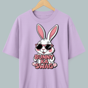 "Oversized cotton tee with cartoon bunny wearing sunglasses and ‘Bunny Ka Swag’ quote."