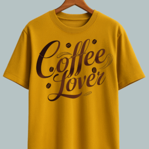 "Trendy oversized T-shirt featuring ‘Coffee Lover’ quote with cute coffee cup illustration."