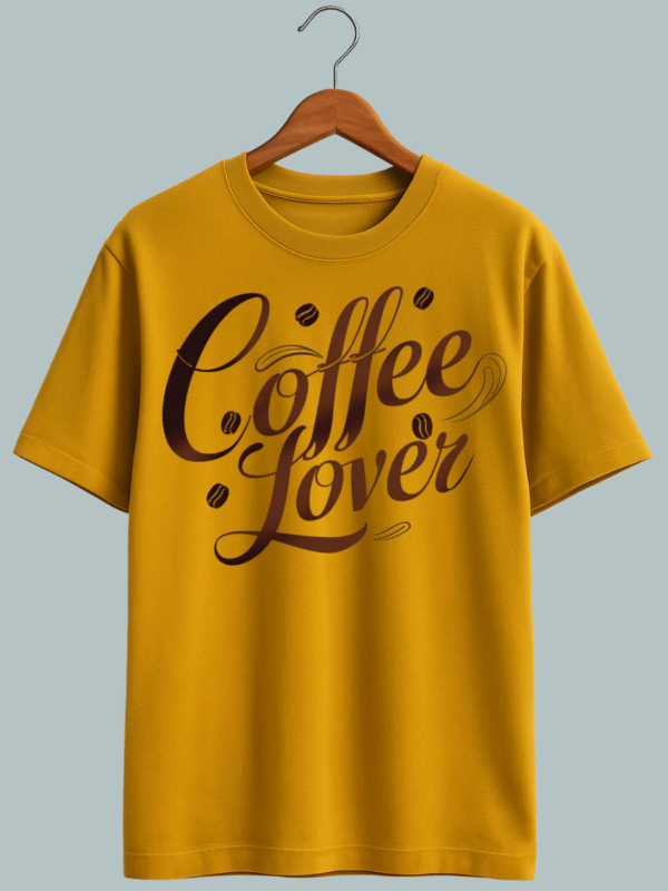 "Trendy oversized T-shirt featuring ‘Coffee Lover’ quote with cute coffee cup illustration."