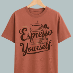 "Fun oversized tee featuring coffee pun ‘Espresso Yourself’ with coffee cup illustration."