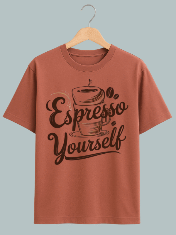 "Fun oversized tee featuring coffee pun ‘Espresso Yourself’ with coffee cup illustration."