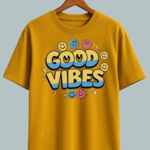 "Feel-good oversized tee featuring cheerful ‘Good Vibes’ quote in colorful or bold typography."