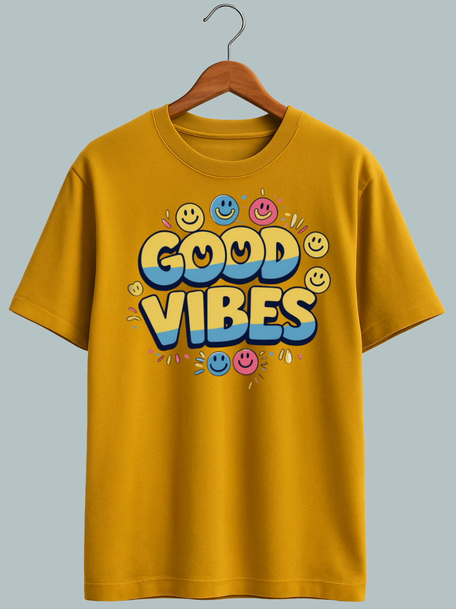"Feel-good oversized tee featuring cheerful ‘Good Vibes’ quote in colorful or bold typography."
