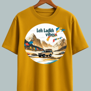 Oversized T-shirt with ‘Leh Ladakh Vibes’ text and mountain graphic, inspired by Himalayan travel.
