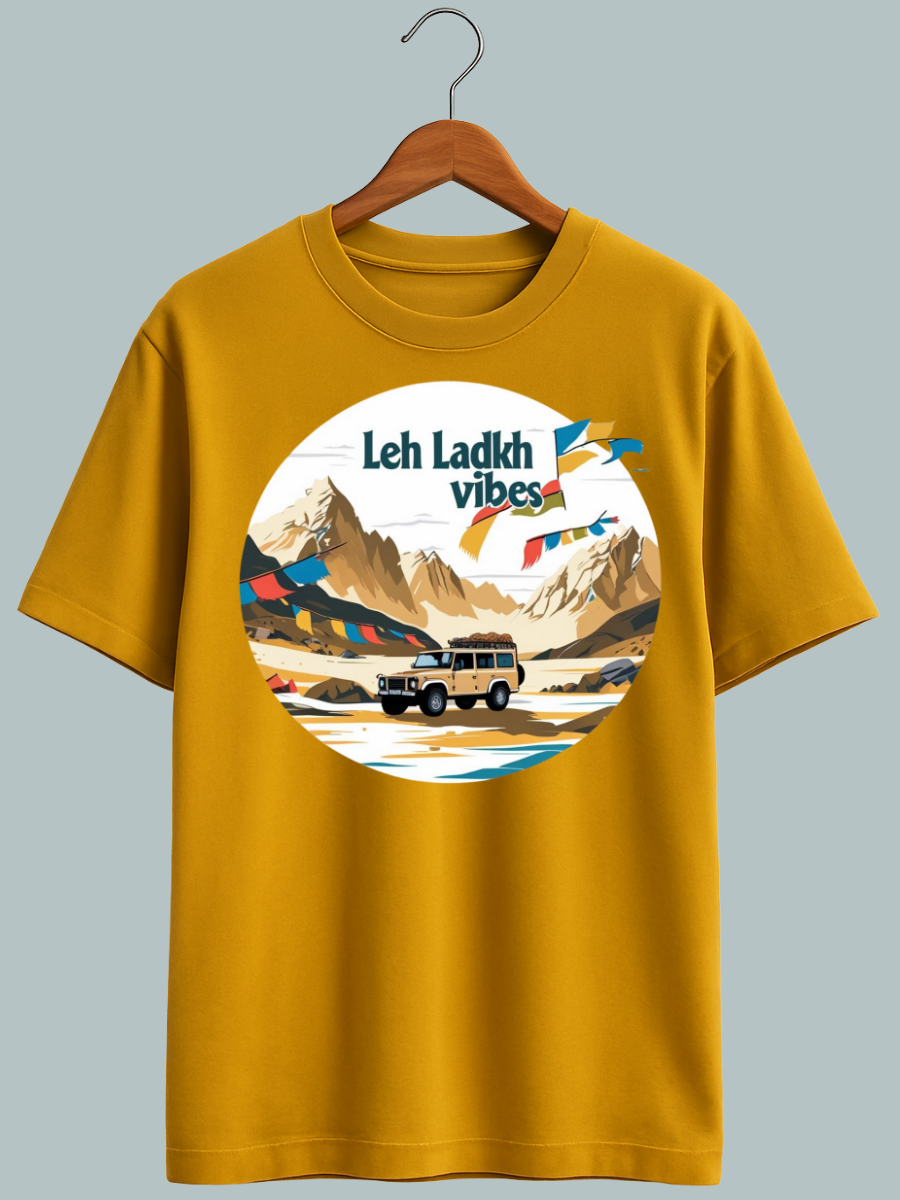 Oversized T-shirt with ‘Leh Ladakh Vibes’ text and mountain graphic, inspired by Himalayan travel.