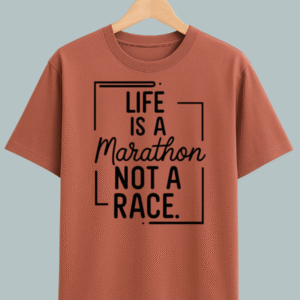 Oversized T-shirt with ‘Life Is a Marathon Not a Race’ motivational quote in bold typography.