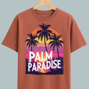 Oversized beach vibes T-shirt with ‘Welcome to Paradise’ graphic featuring sunset, sea, and palm trees for tropical streetwear fashion.