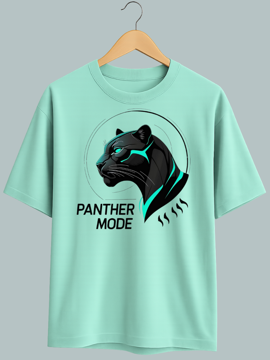 “Panther Mode oversized t-shirt with futuristic neon panther head graphic”