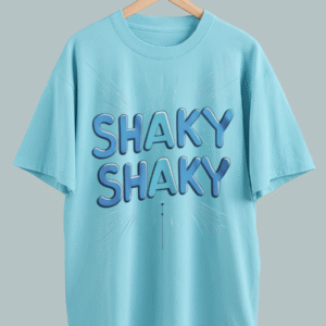 “Shaky Shaky oversized t-shirt with playful blue graphic text design”