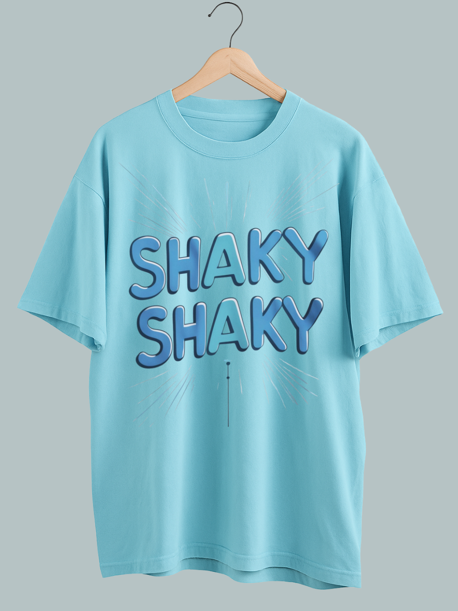 “Shaky Shaky oversized t-shirt with playful blue graphic text design”