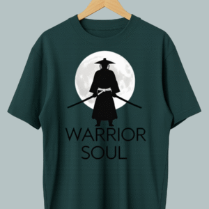 Oversized streetwear T-shirt with ‘Warrior Soul’ graphic featuring samurai design, bold and spiritual fashion.